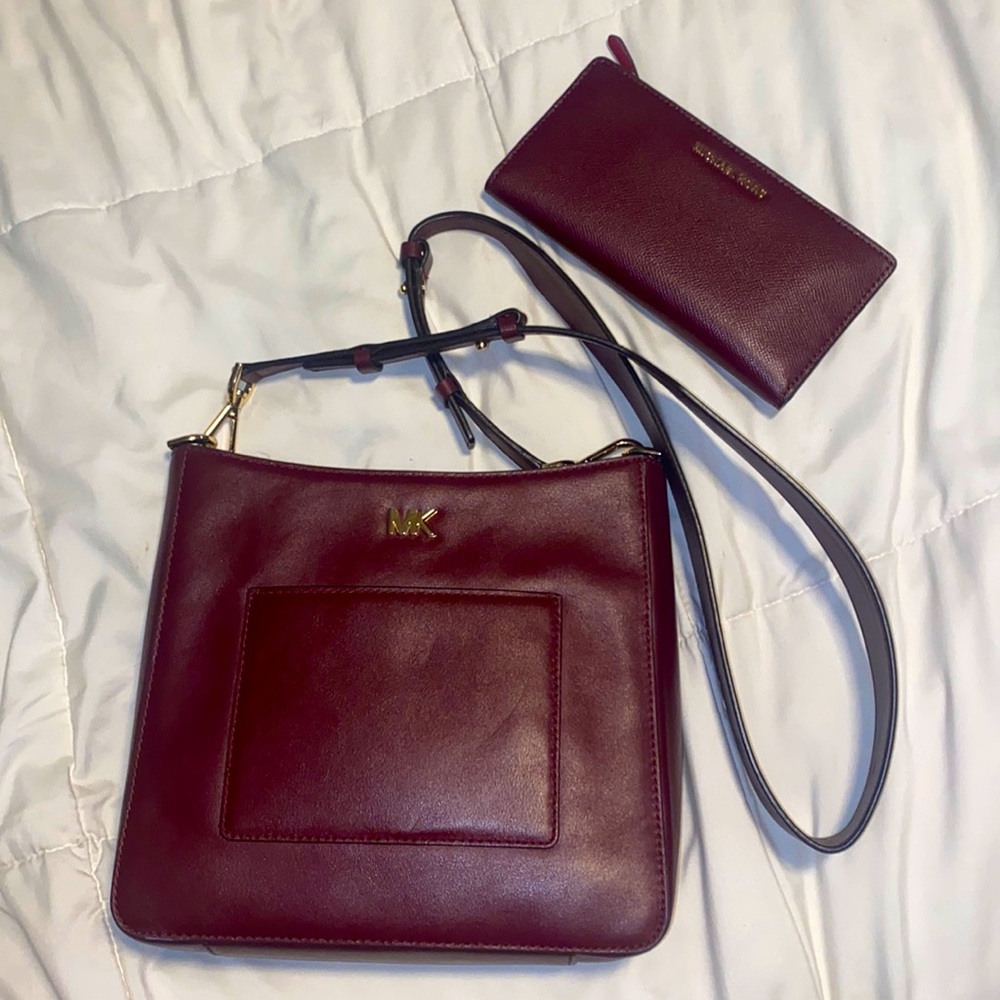 Michael Kors maroon crossbody and wallet set
